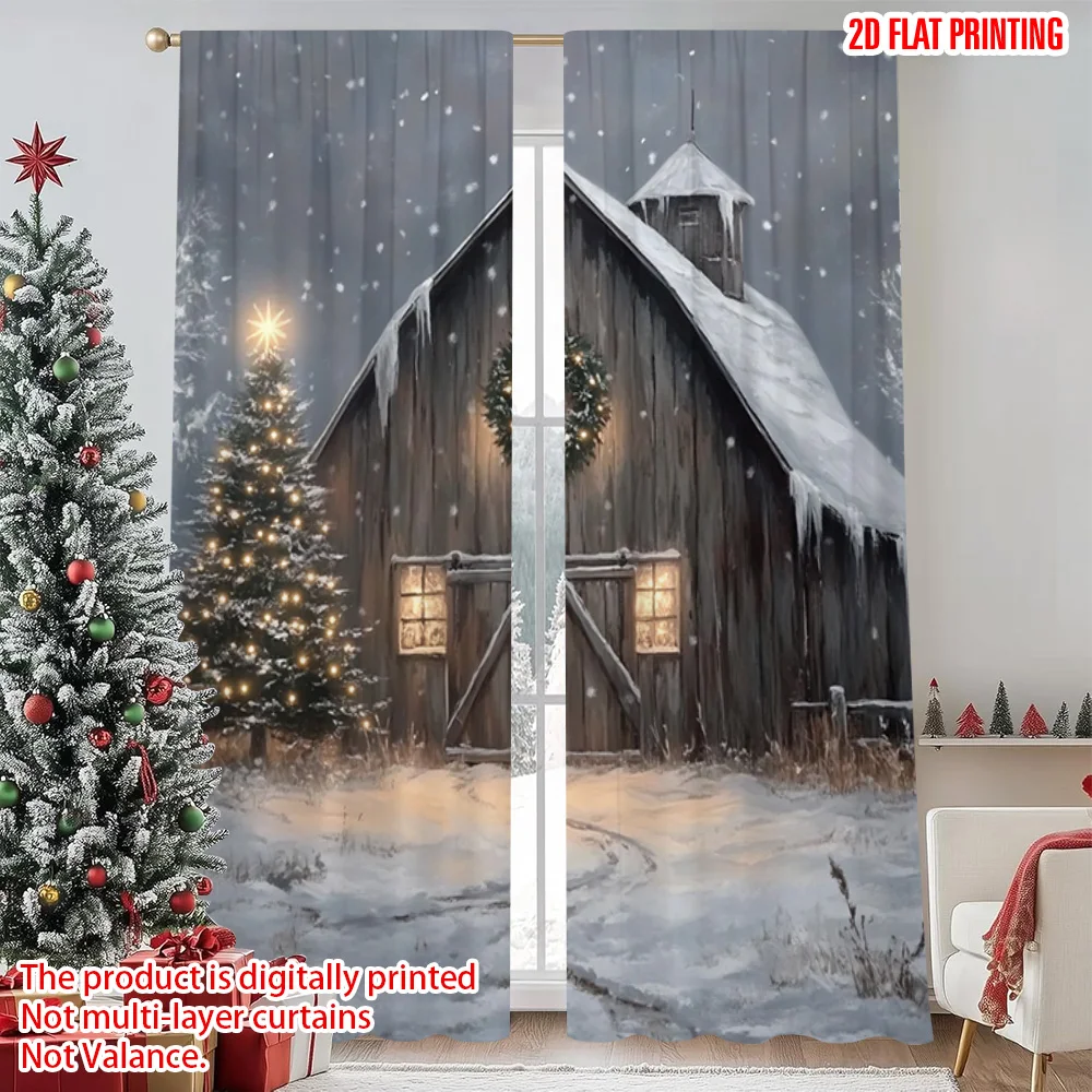 

2pcs 2D flat printing Christmas Drapes Winter Christmas scene Machine Washable Fabric Without Electricity Festive Curtains Use