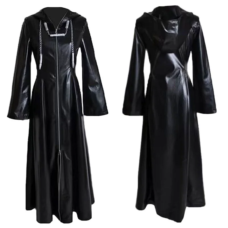 Mens Kingdom Game Roleplaying Hearts Organization XIII Game Cosplay Costume Black Cloak Zipper Jacket Long Hoodie Coat Wig