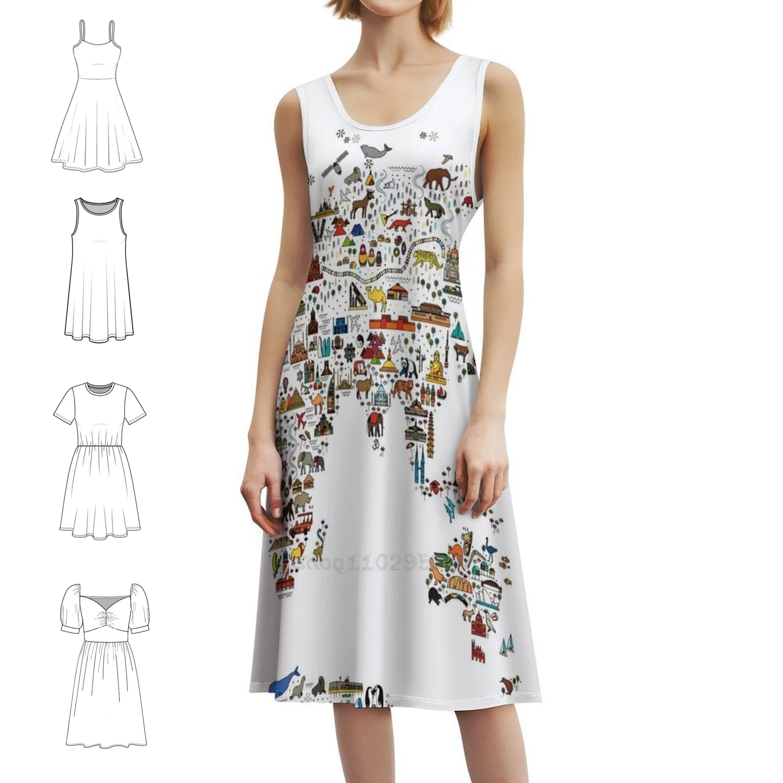 خريطة أيقونات خط السفر العالمي. ملصق سفر مع فستان بوهيمي عتيق بأكمام منتفخة أو خيارات بلا أكمام لفستان النساء #1