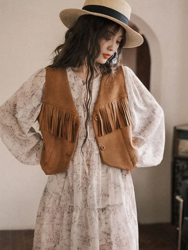 Autumn New Womens Suede Short Cardigan Brown Fringe Vest Coat