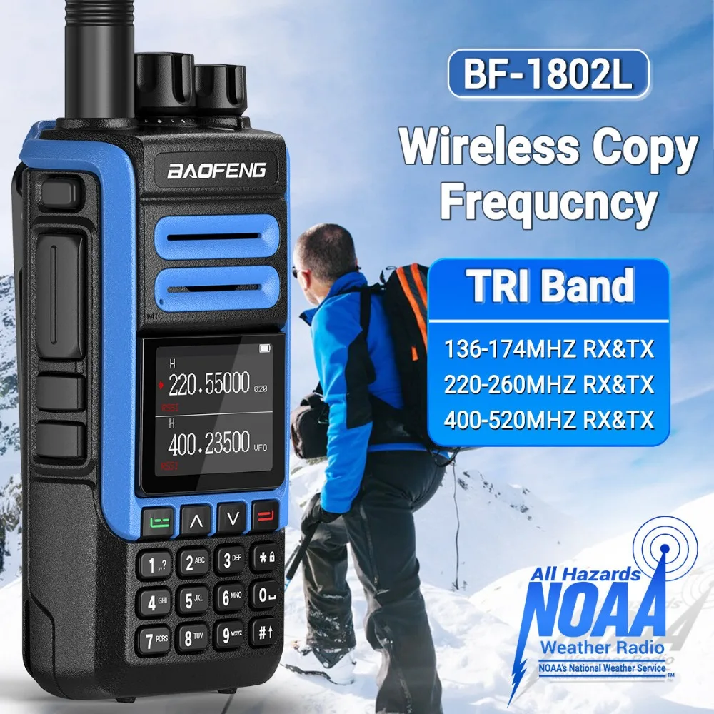 Baofeng-Tri Band sem fio Walkie Talkie, Long Range, NOAA Weather Channel, Ham Two Way Radio, Copiar Freqüência, 999 Canais, BF-1802L