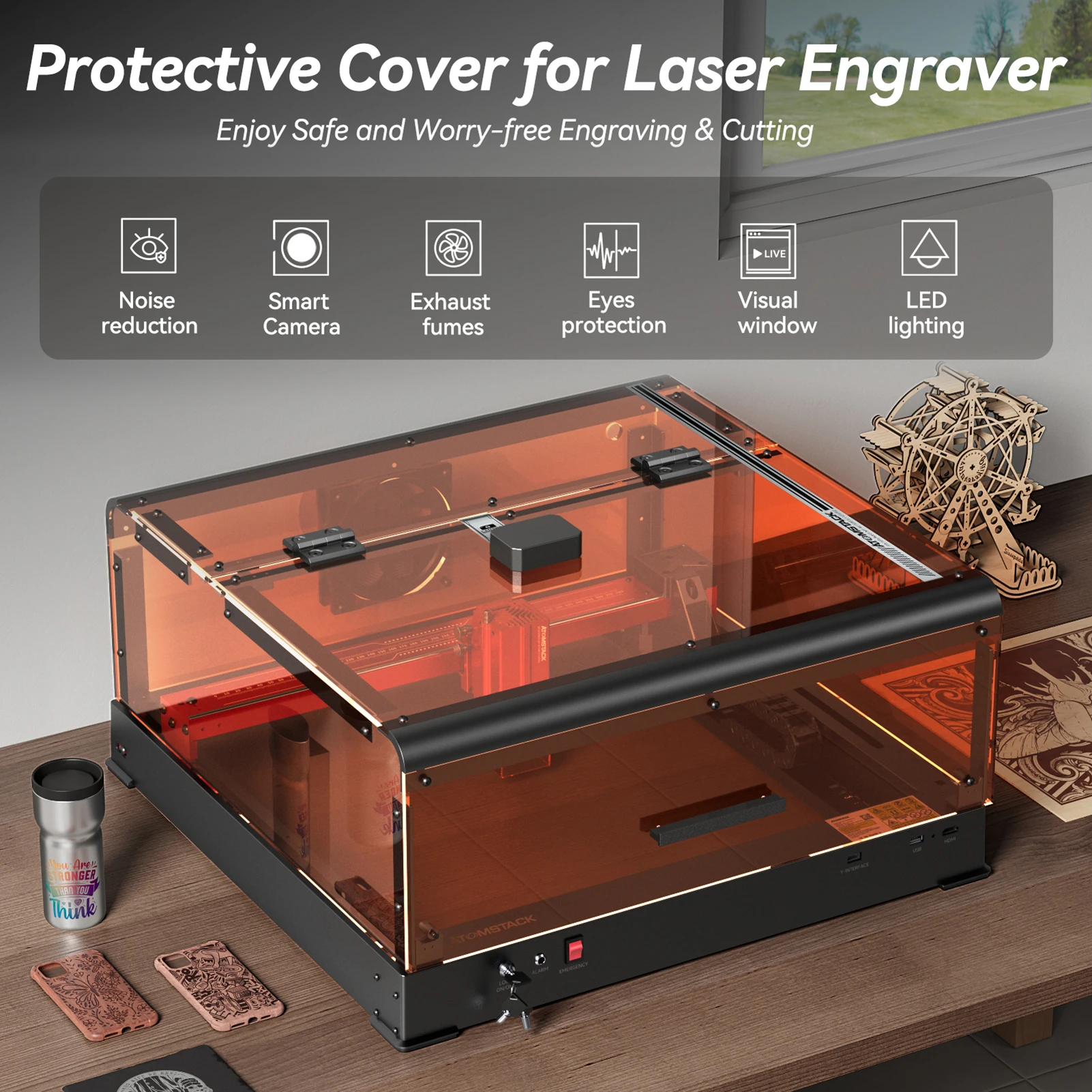 AtomStack B3 Protective Box Cover Laser Engraver Enclosure with AC1 Camera LED Light  Exhaust Fan Eye-protection Visual Window