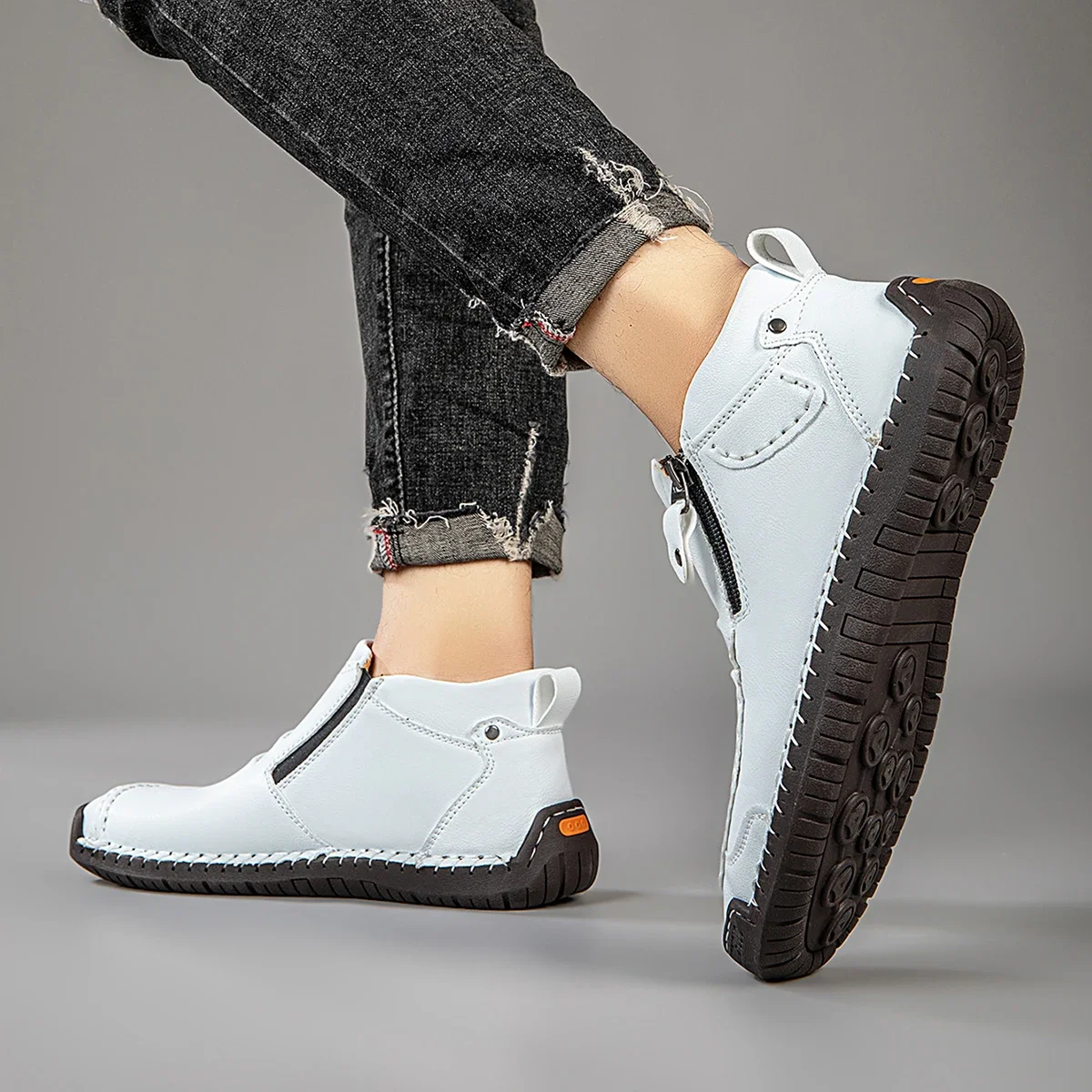 Fashion Handmade Leather Casual Shoes for Men Flat Footwear Zipper Leather Boots Ankle Outdoor Walking Sneakers Plus Size 39-48