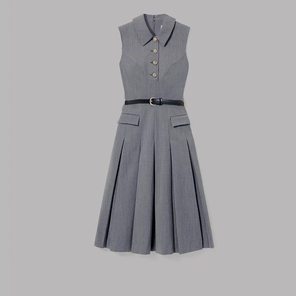 

2026 Elegant Summer Gray Midi Dress Women Turn Down Neck Sleeveless Metal Buttons Up Pleated Shirt Dress Casual Belt Vestidos