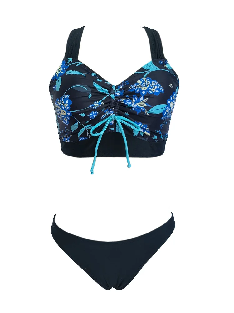 Bikini de talla grande con estampado para mujer, traje de baño Sexy de cintura baja, traje de baño dividido negro de 3 piezas para vacaciones en la