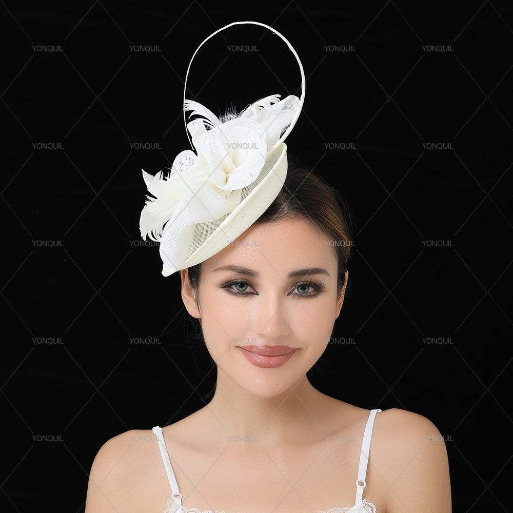 White Fashion Fedora Hat Hair Accessory Formal Church Dress Fascinator Headband Party Tea Millinery Hat Headwear With Feather