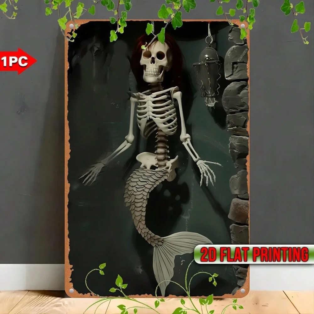 

UV Printed Iron Mermaid Skeleton Wall Art Plaque Weatherproof Indoor Outdoor Decor Halloween Home Bathroom Living Room Wall Hang