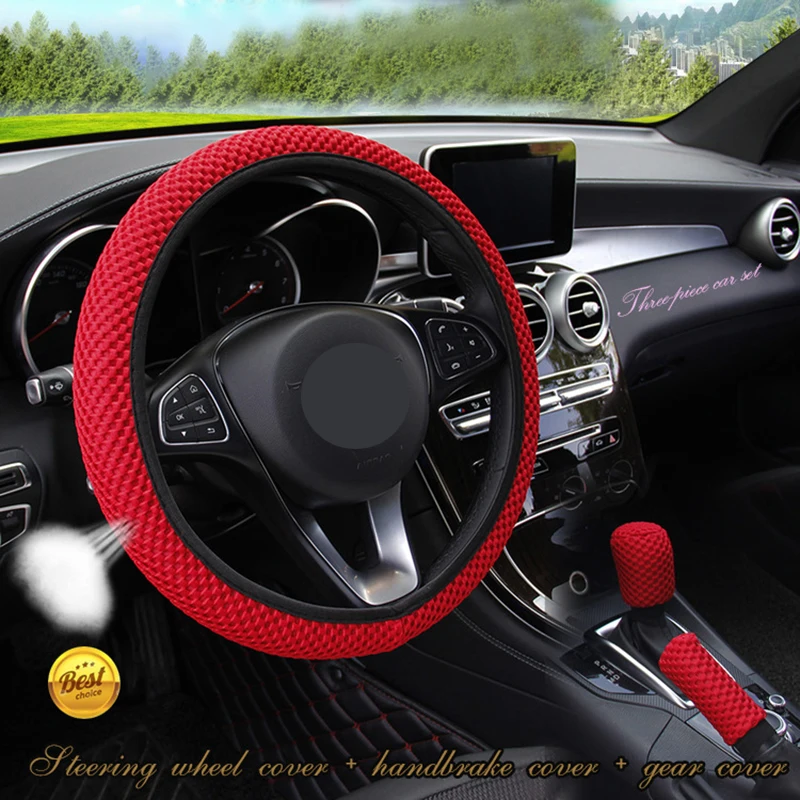 Universal 38CM 1/3 Pcs Ice Silk Steering Wheel Cover Wear-resistant Anti-slip Car Accessories Gear Handbrake Cover Interior