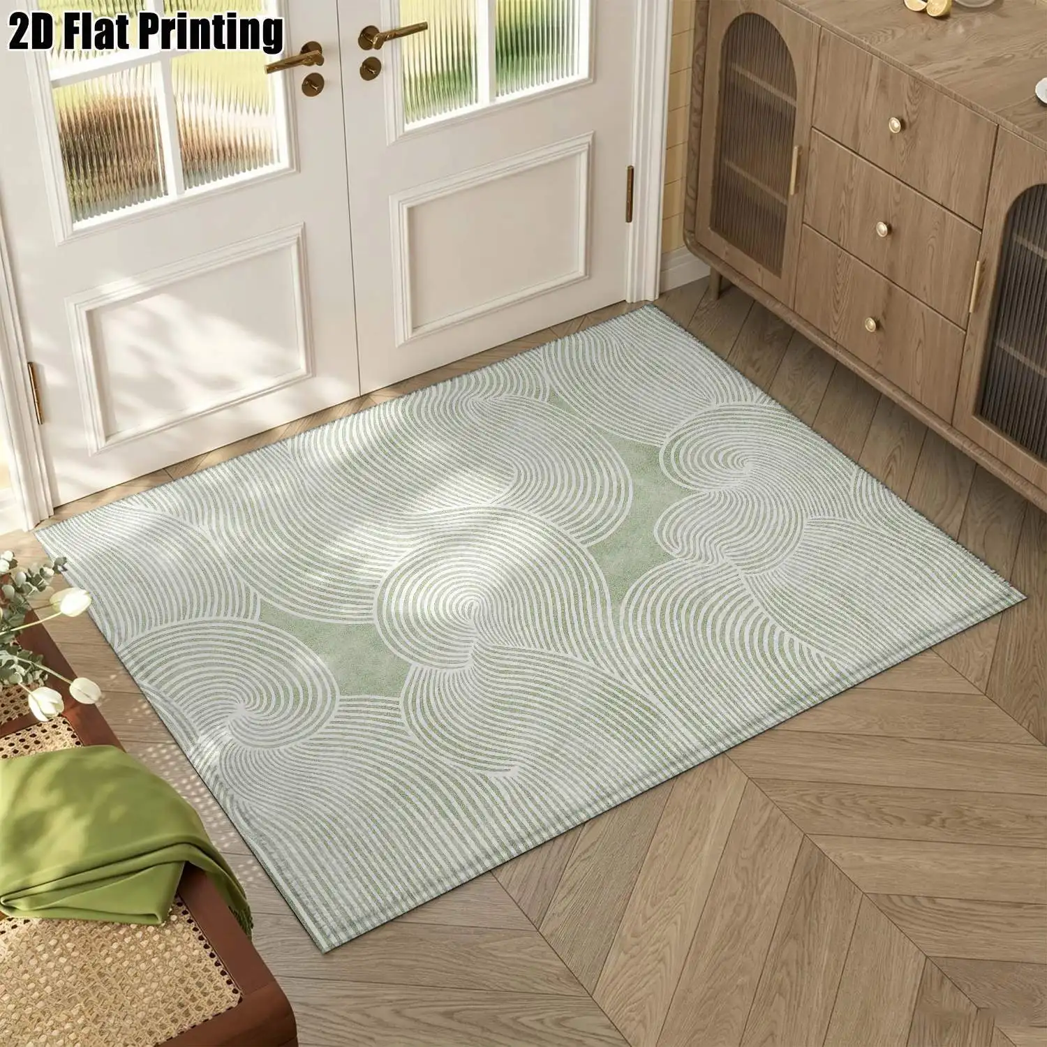 1Pc 2D Printed Light Green Geometric Line Nordic/Instagram Style Carpet, Modern Minimalist Vintage Floor Mat, Multi-Size Machine Washable Home Decor for Entrance, Dining, Foyer, Bedroom, Living Room
