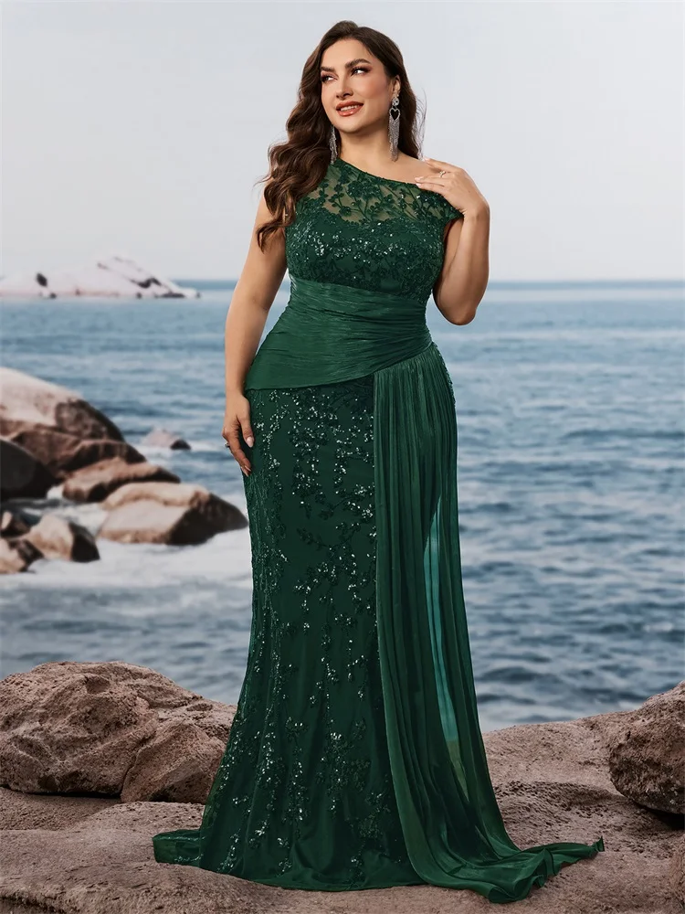 Lucyinlove Plus Size Elegante senza maniche con paillettes Patchwork Abiti da sera formali Abiti da cocktail per feste a sirena verde di lusso