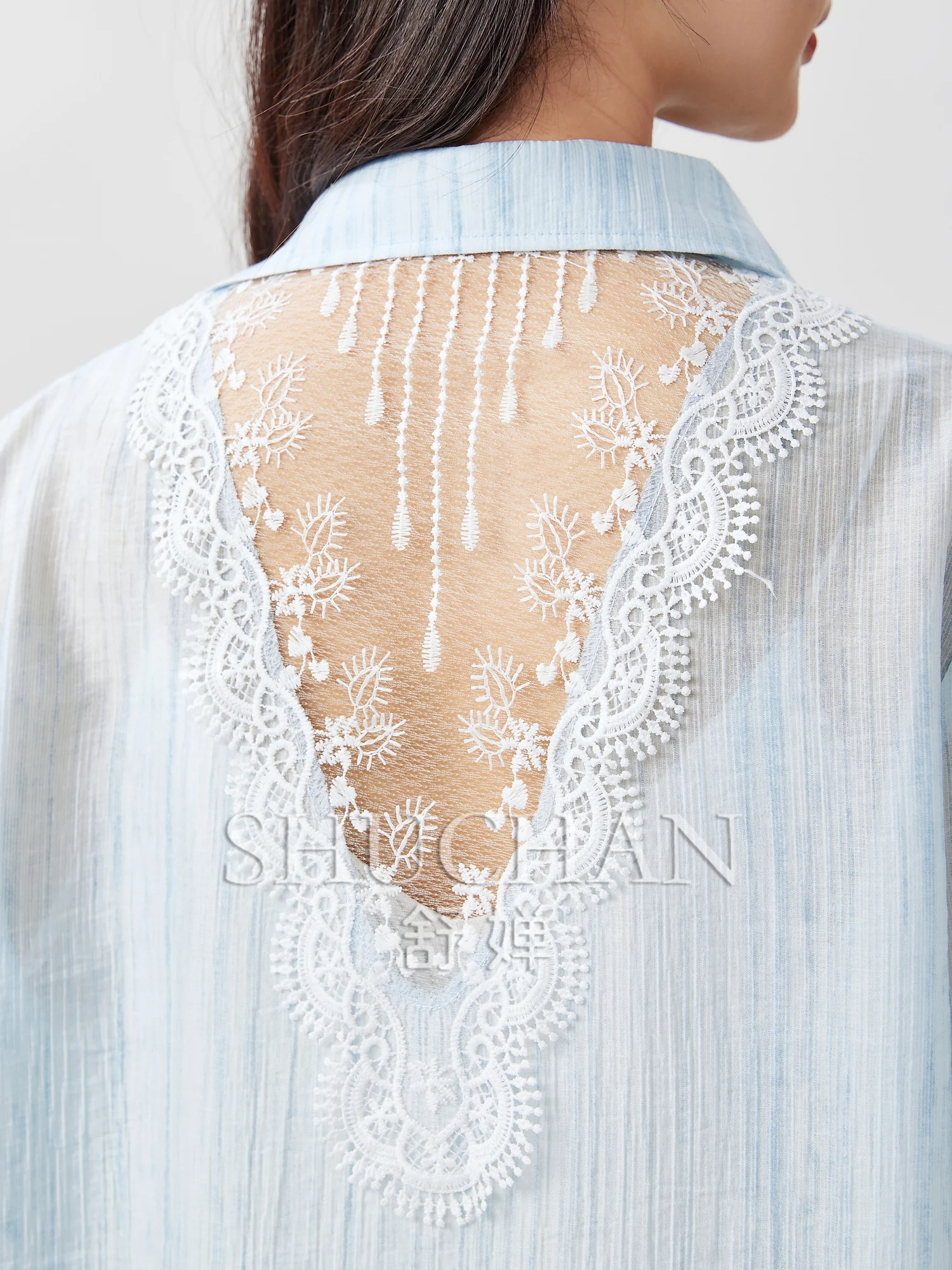 Printing Texture Lyocell Lace Pocket + Back Temperament Shirt Women Thin Summer 2025 Long Sleeve Top