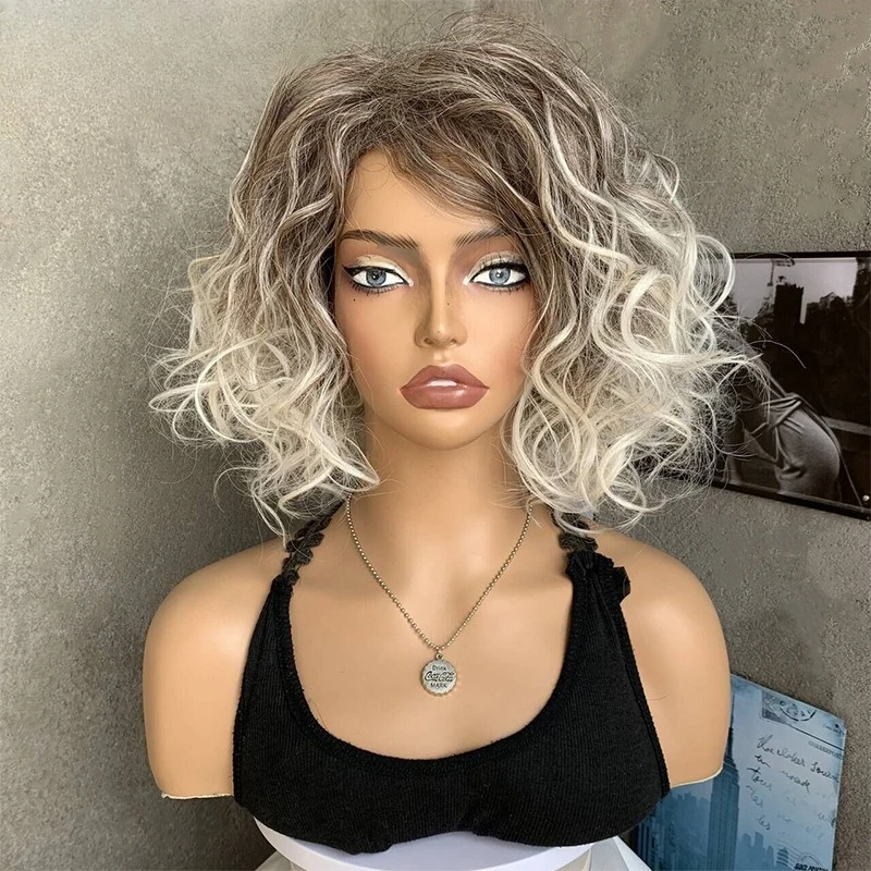 

New European, American and Latin America short curly hair gray-white matte high temperature silk wig women's headgear
