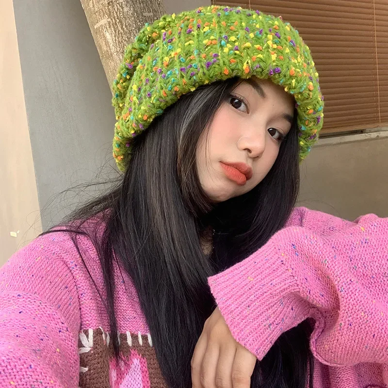 Korean Women\'s Big Head Loose Wool Hat Rainbow Colorful Mixed-color Knitted Cap Men Outdoor Casual Warm Skullies Beanie Hats