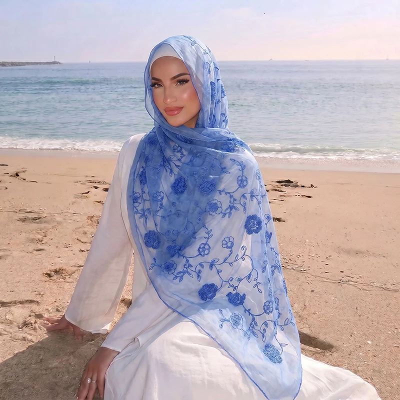 Floral Embroidery Muslim Hijab Sheer Scarf Soft Lightweight Headscarf for Women Daily Modest Wear Islamic Head Wrap Accessory view 4