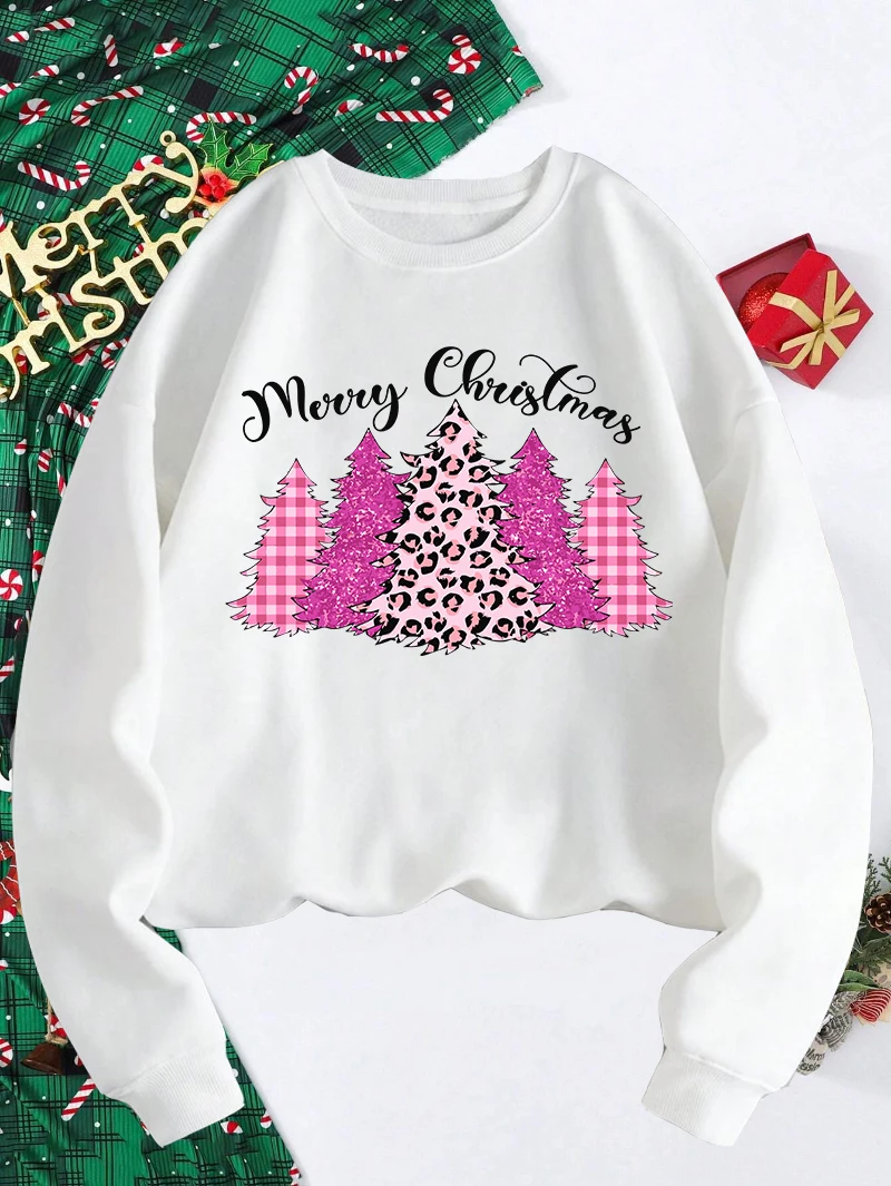 Marry Christmas Sweatshirt Men Pink Trees Printing Black Hoodie Fleece Warm Crewneck Loose Pullover Casual Winter Clothes Man