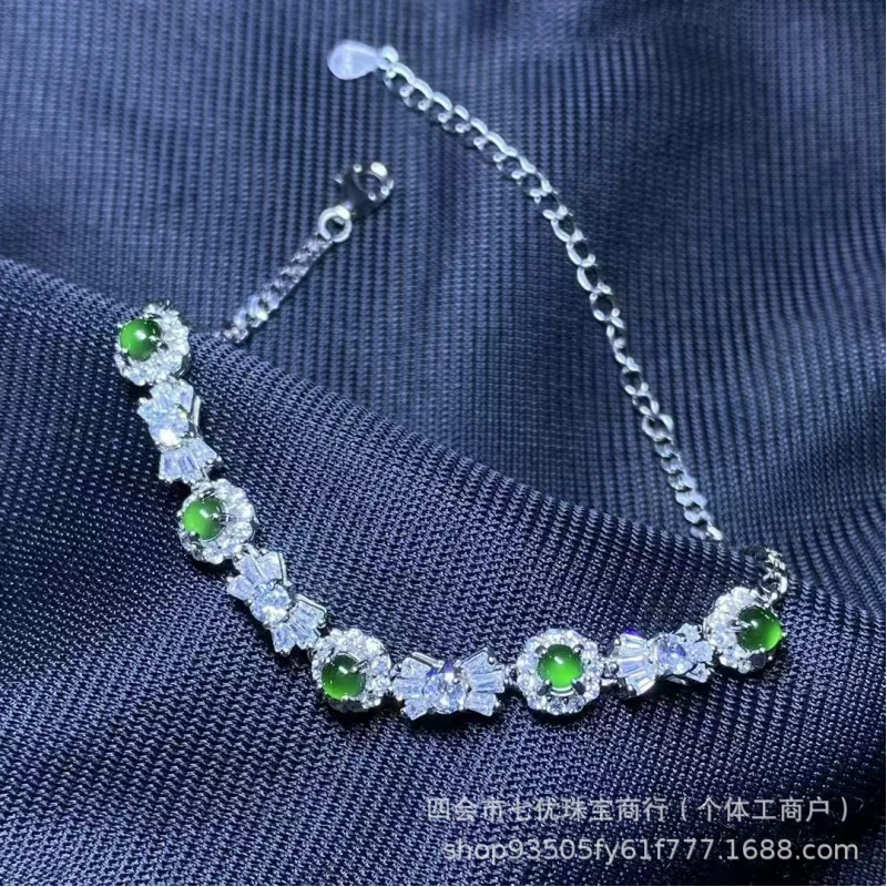 Natural Emerald Dangerous Material Spicy Green Surface S925 Silver Inlay Bracelet Light Luxury High-Grade