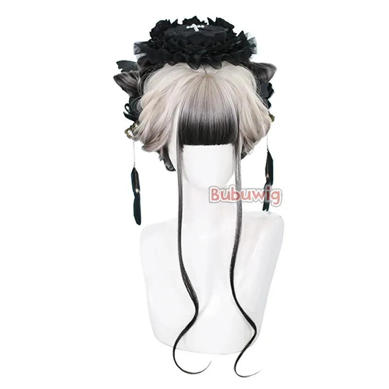 CyBubuwig الشعر الاصطناعية 89 ألوان 60 سنتيمتر طويل مجعد مختلط اللون لوليتا شعر مستعار العاج التدرج الأسود الباروكات مع الانفجارات المسطحة مقاومة للحرارة