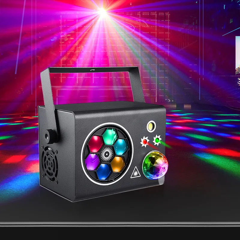 Mini 4 in 1 Stage Light RGB Laser Magic Ball Projector Sound Activated Strobe DJ Disco Party Lamp with 64 Patterns for KTV Bar