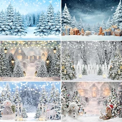 Winter Pine Forest Christmas Photography Background Wonderland Snow Scenic Snowman Family Party Decor Backdrop for Photo Studio