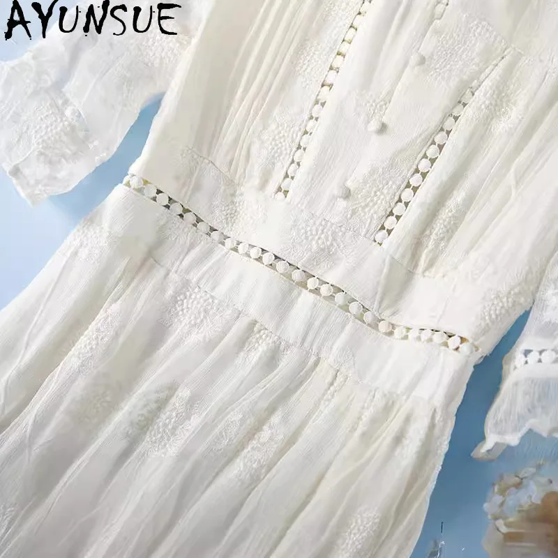 AYUNSUE Natürliche Maulbeerseide Kleider Frauen V-ausschnitt Lange Kleider für Frau Kleidung 2025, Sommer Weißes Kleid Vestidos De Mujer