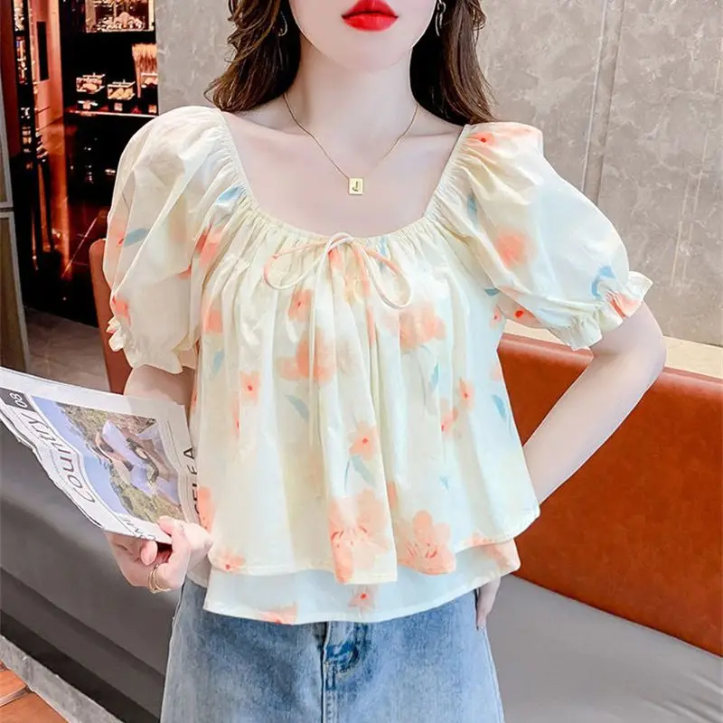 Summer Clothes French Floral Chiffon Shirt for Women Fashion Bandage Sheer Hollow Out Loose Short Sleeve Pullovers Blouses G2819