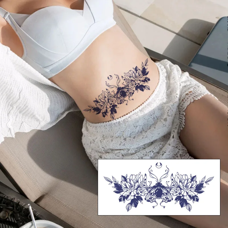 Flower-themed sexy temporary stickers for the abdomen and chest, waterproof, sweatproof, herbal juice, realistic tattoos