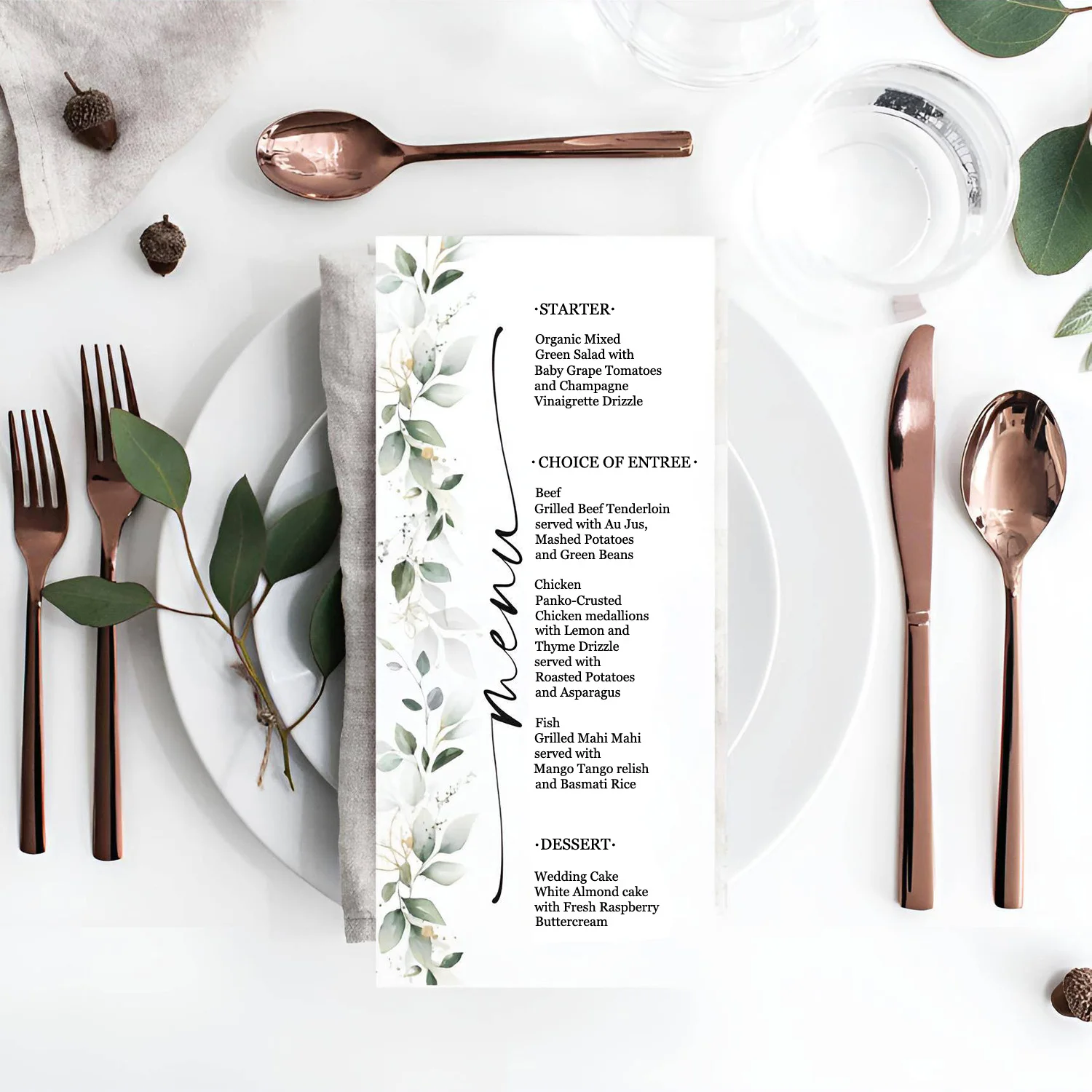 5/20/100pcs spersonalizowany ślub karty Menu dostosowywane karty Menu weselne zieleń i kwiaty na ślub Menu stołowe
