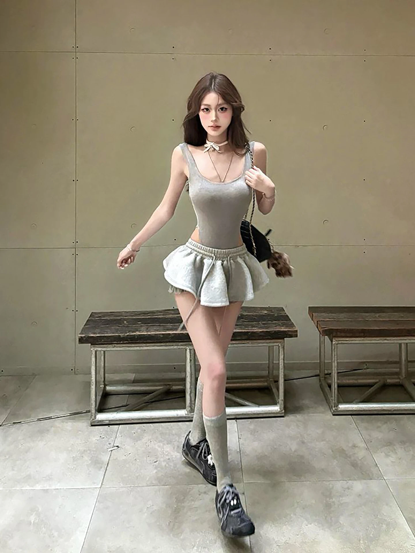 Gray Anti-Light Walking Short Skirt Two-Piece Set Women's Summer New Sweet And Spicy Girl Pure Desire Backless One-Piece Top - view 2