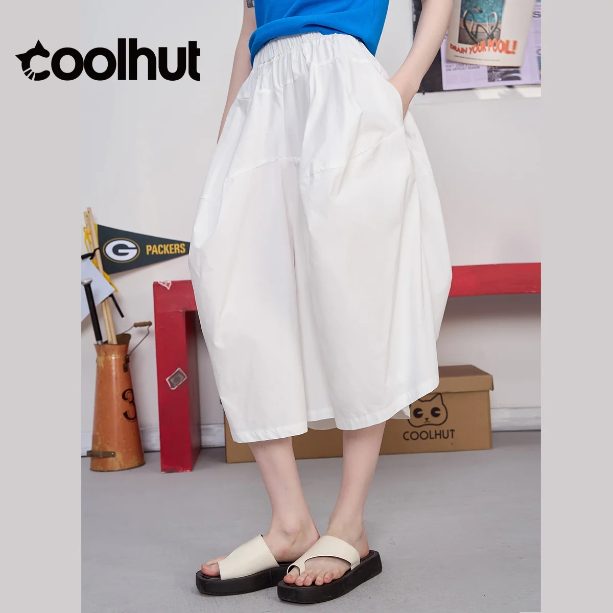 COOLHUT Women's 2025 French Style Solid Color Cocoon Hem Flared Midi Skirt Wide Leg Elastic Waist Summer Casual Cropped Pants
