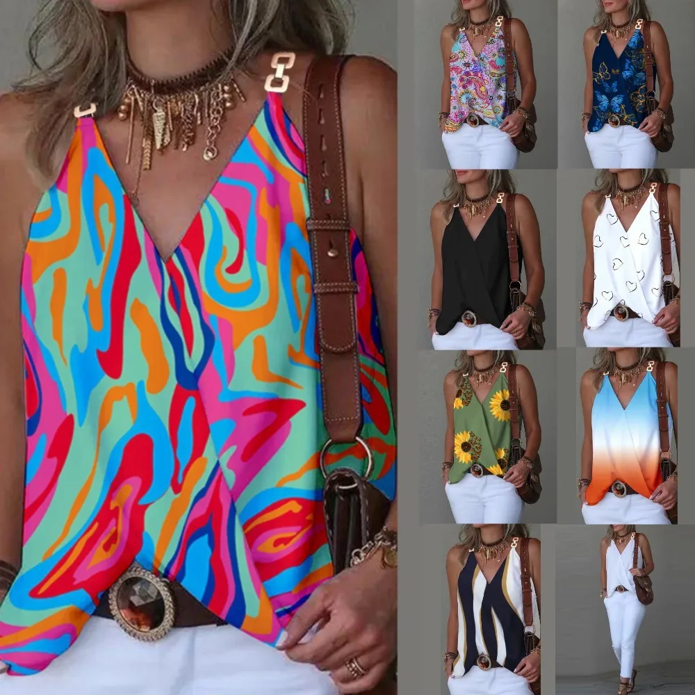 Summer Clothes Women Tank Neck Printed Vest Floral Print Sleeveless Top Cross Front Camisole Multicolor Loose Fit Elegant