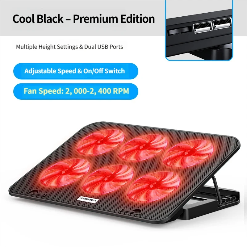 Gaming laptop cooler with adjustable height and convenient airflow, suitable for 15-18 inch laptops, quiet cooling stand