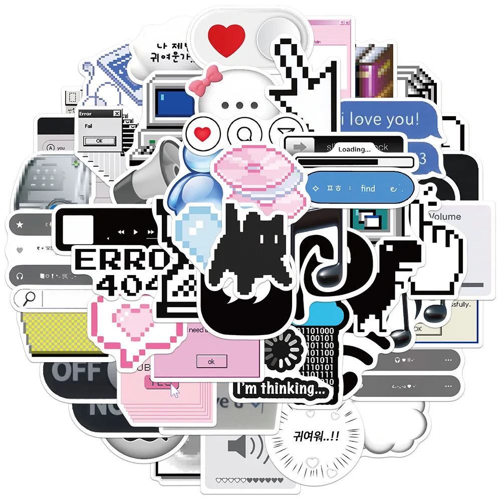 55Pcs Retro Pixel Cyber Y2K Sticker Pack, Vintage Windows XP UI & Black Cat Aesthetic Decals for Laptop Phone Case & DIY