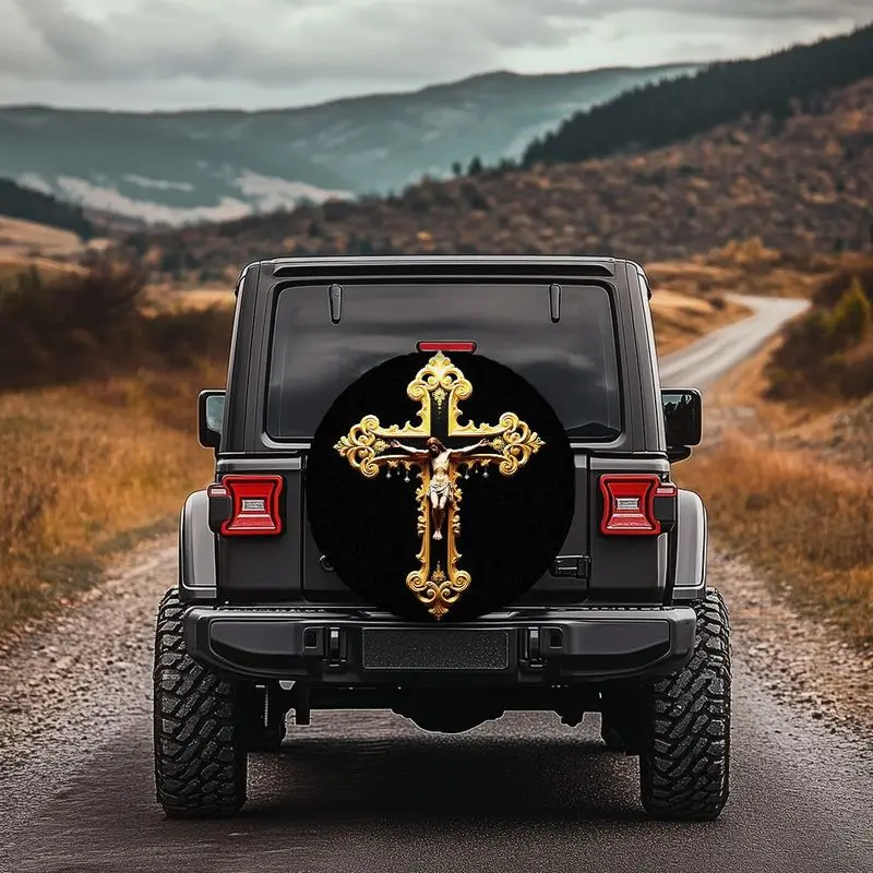 

Изысканный золотой чехол для распятия Иисуса Христа, прочный полиэстер, защита для колес внедорожника Jeep Wrangler