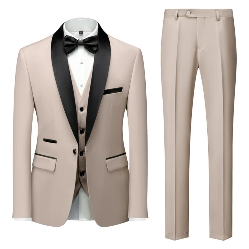 

Men Suit Beige 3 Pieces Single Button With Black Lapel For Wedding Banquet Classic Business Work Set Jacket Vest With Pants