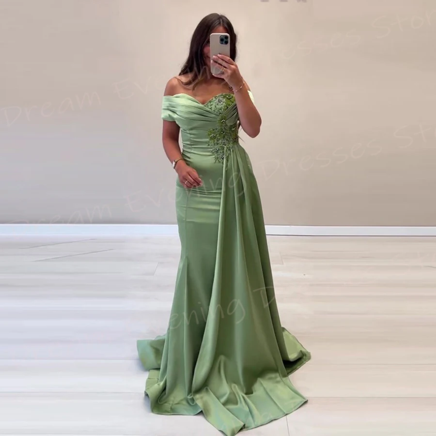 Vestidos de Noche modernos de sirena verde para mujer, vestido de fiesta plisado con apliques y hombros descubiertos, hermoso y elegante