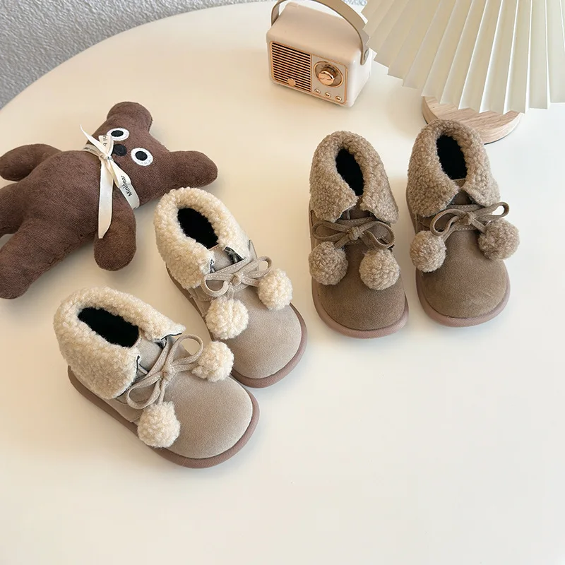 Ins Cute Fur Ball 2024 Winter Korean Children Snow Boots Girls Cotton Shoes Short Boots with Plush Fur Boots