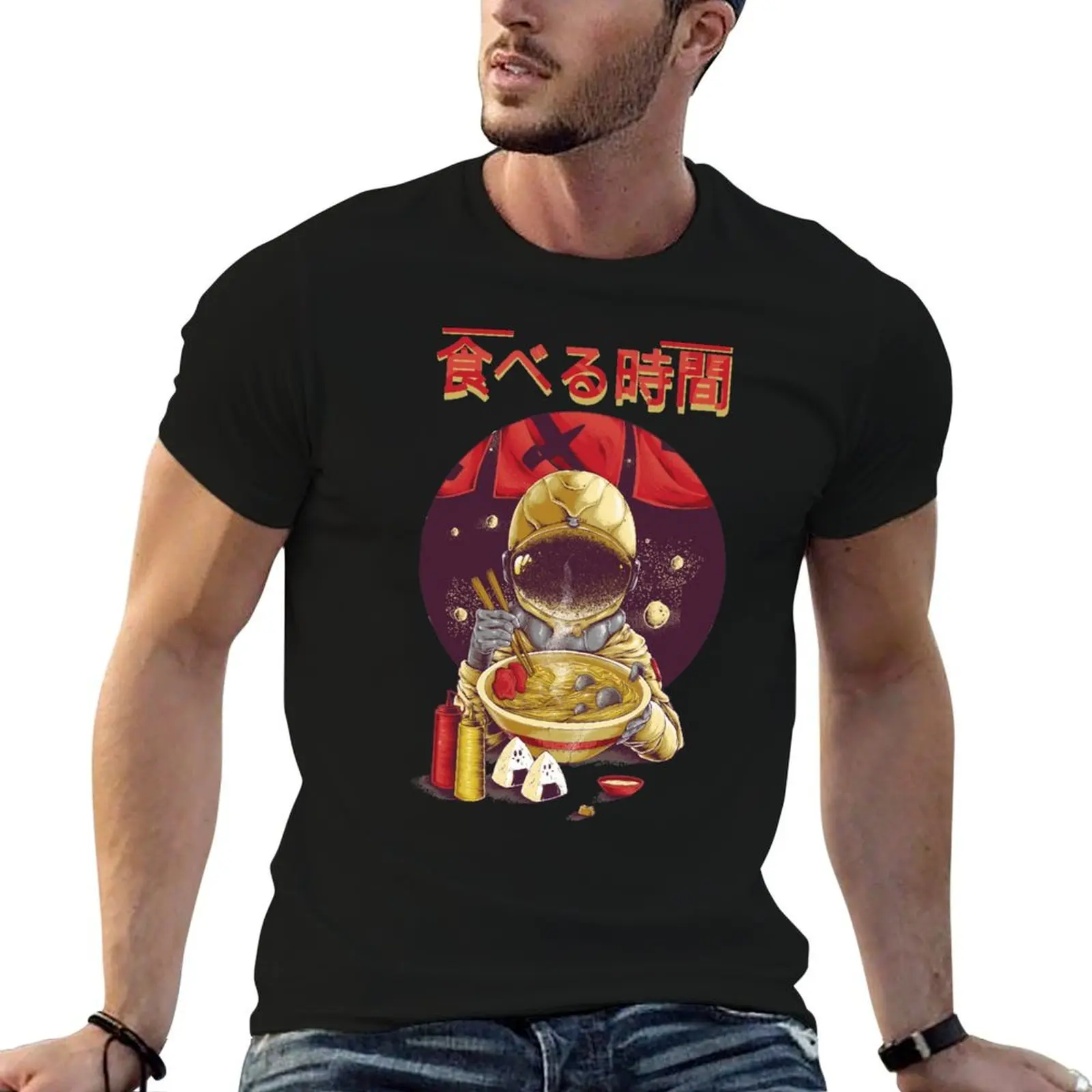 Ramen astronauta Vintage Kawaii Otaku fideos japoneses camiseta con estampado personalizado Camiseta de algodón para hombre