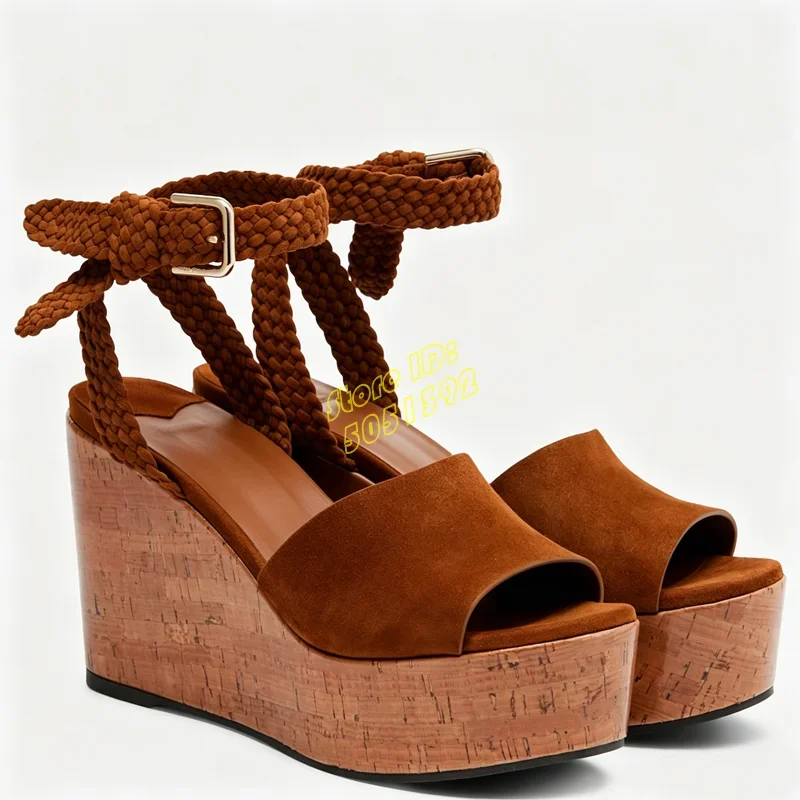 Brown Suede Platform Wedges Sandals Braid Strap Ankle Buckle Open Toe Runway 2026 Summer Women Dress Shoes White Handmade