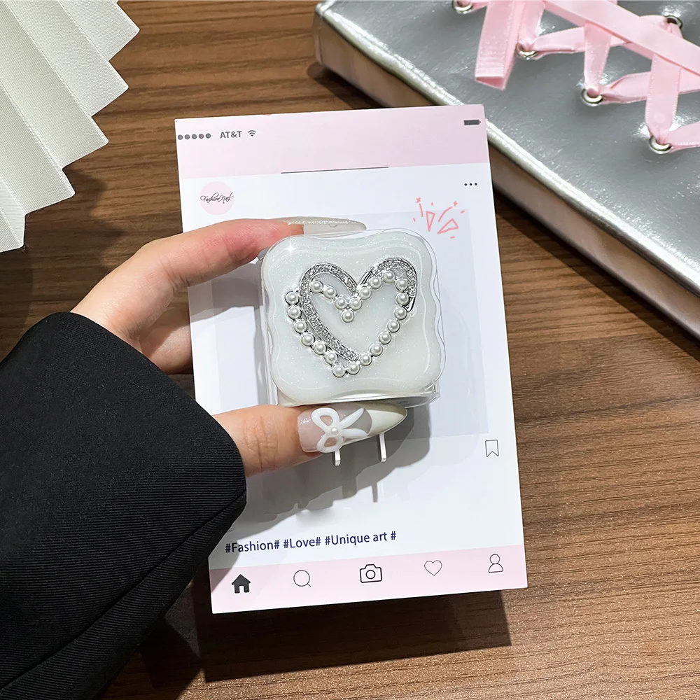 لطيف لؤلؤة الحب القلب القوس الكهربائي الفضة USB حامي غطاء آيفون 18 واط-20 واط كابل نقل بيانات رئيس الحبل شحن سريع