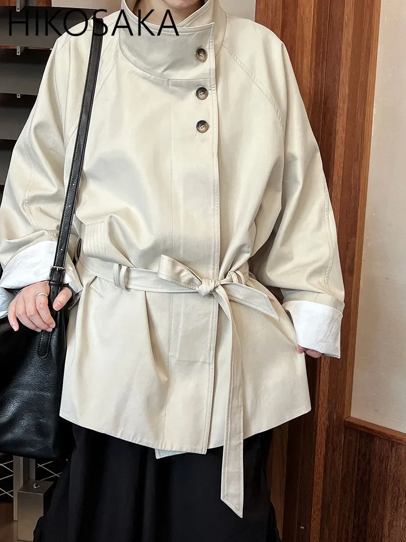 

Solid Stand Collar Casual Jackets Elegant Long Sleeve Belt Waist Trench Coat Women Korean Chic New Outwears Top 2024 Autumn