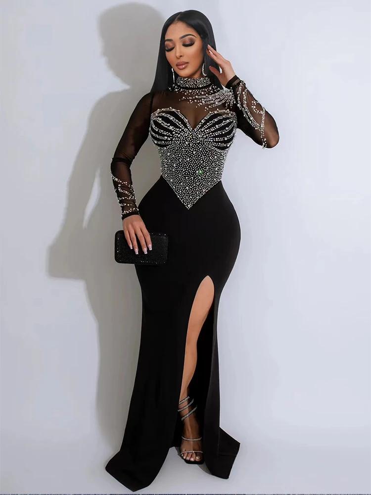 Women's Clothing 2024 Summer European and American Fashion Hot Selling Solid Diamond Split Skirt Party Evening Dress