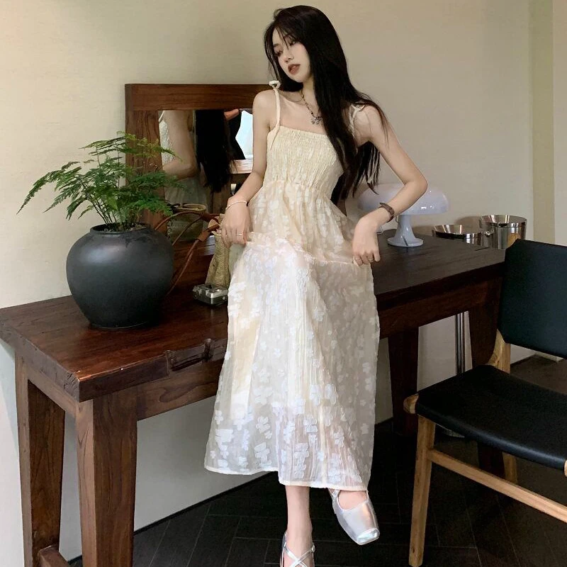 

2026 Summer Spaghetti Strap embroidered pleated Dress for Women Korean Slim Fit and Slimming Temperament Waist Cinching Dress