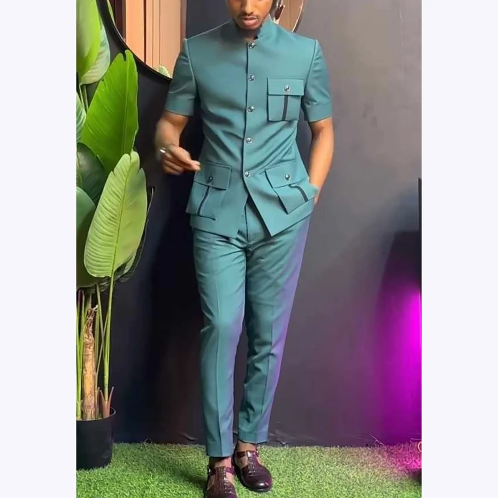 

Chic Green Suits For Men Stand Collar Multi Pocket Outfit Formal Balzer Classic Fit Smart Casual Social Party Set Two Piece