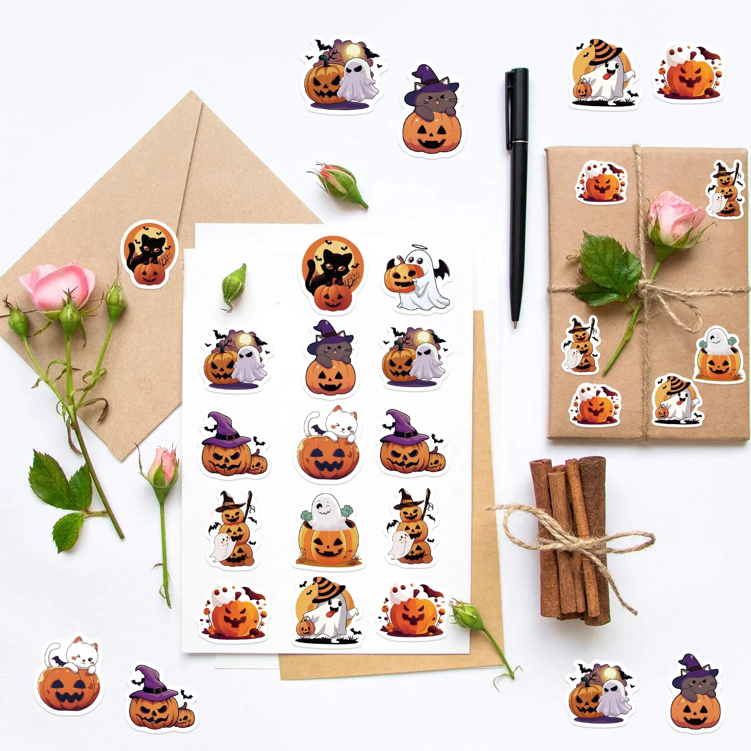 500PCS Cartoon Festival Halloween Nette Geist Kürbis Rolle Aufkleber Dekoration Skateboard Laptop Auto DIY Aufkleber Wasserdicht – Detail 12