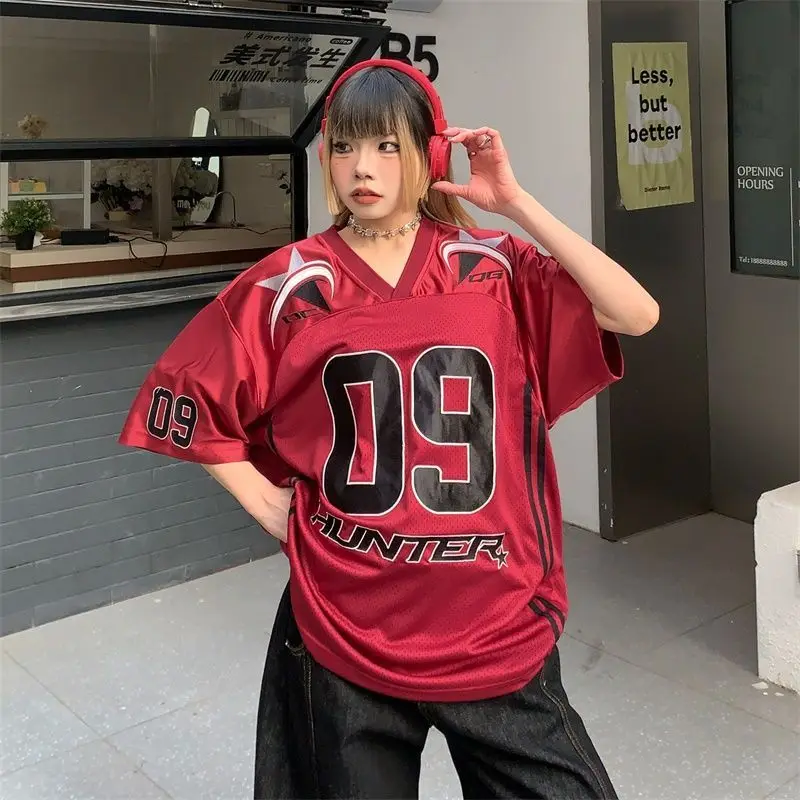 

Футболка для американских уличных танцев, женская летняя футболка большого размера с v-образным вырезом, тренд Харадзюку, с коротким рукавом, унисекс, уличная одежда, топ для пар