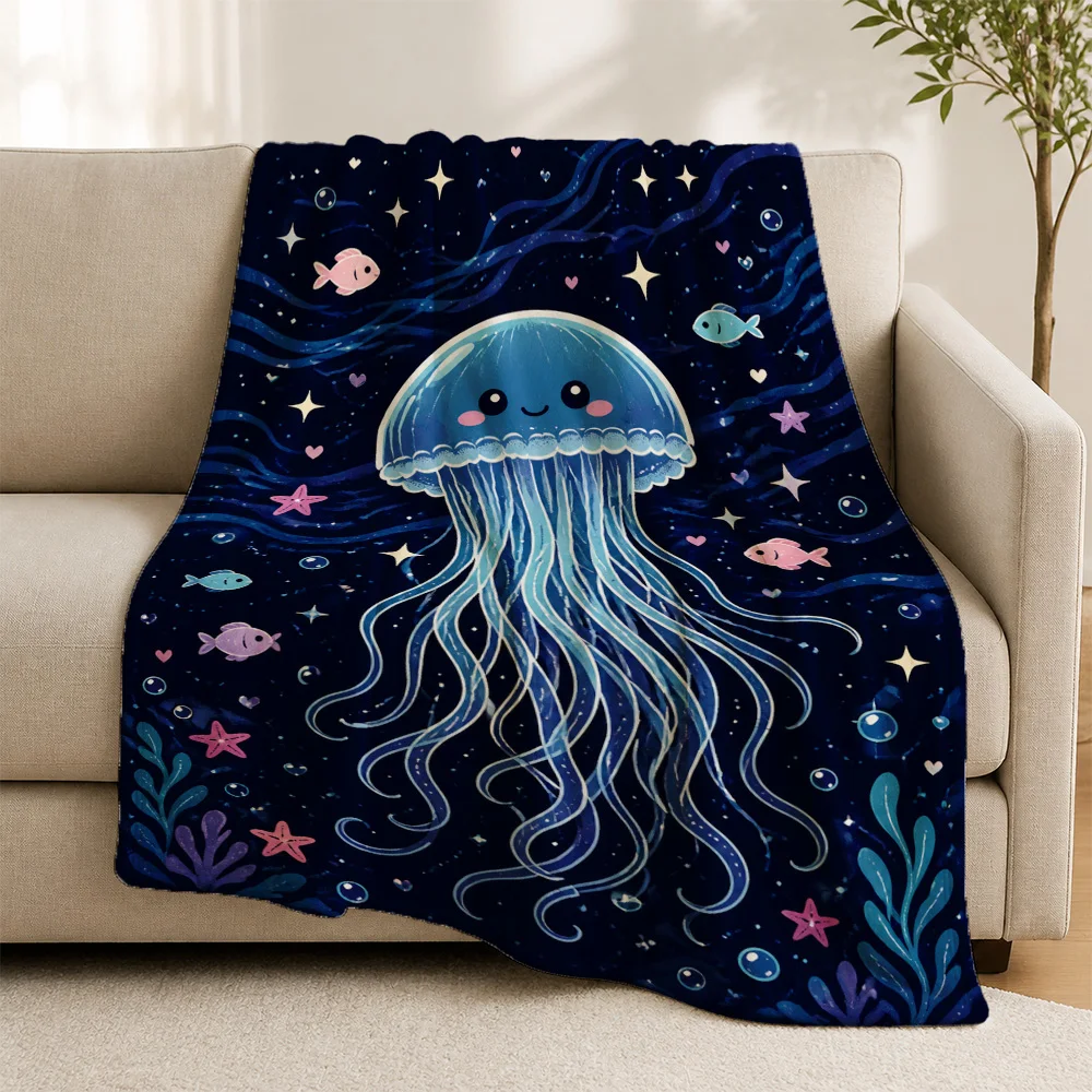 Blue Jellyfish Ocean Throw Blanket Sofa Couch Decor Nautical Deep Sea Underwater Life Fleece Plush Cozy Gift for Bedroom Living