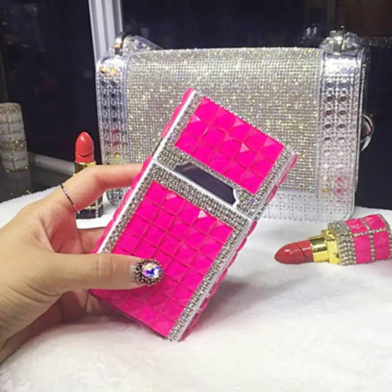 Diamond Shiny Cigarette Case with USB Charging Lighter Suitable for Ordinary 7.6mm Slim Cigarettes 5.2mm