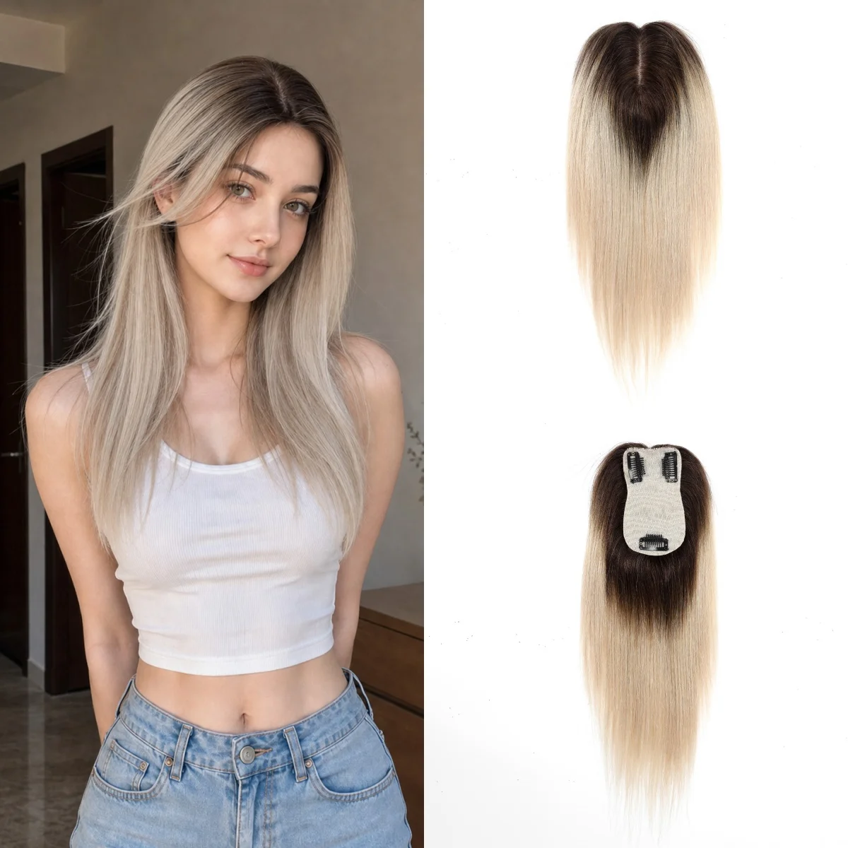 女性用100-人毛ヘアピース-シルクベース-クリップ式ヘアピース-オンブレバレイヤージュブロンド-ストレート-クラウンウィッグレット-薄毛隠し用