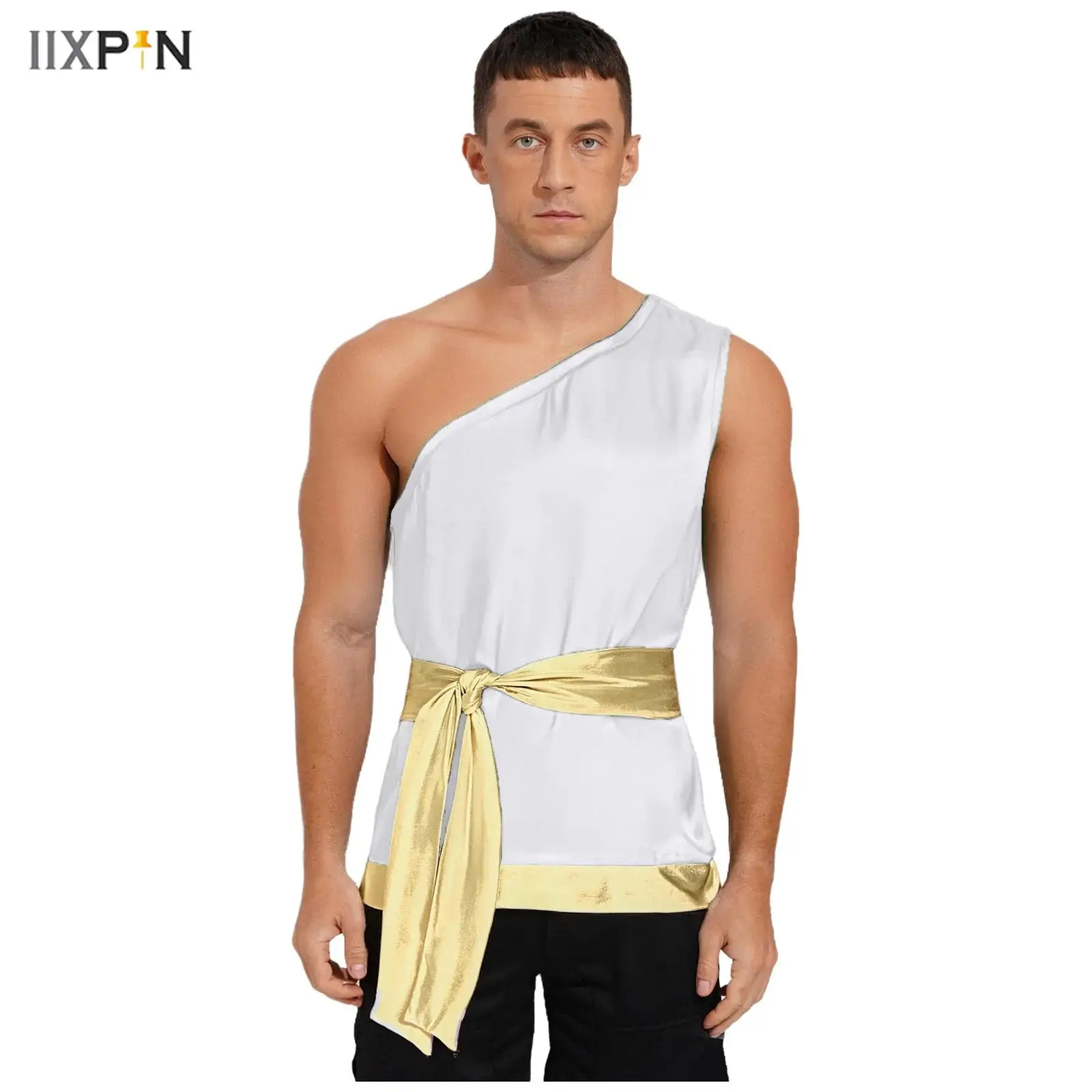 

Mens Liturgical Praise Dance Top with Waist Belt Sleeveless One Shoulder Metallic Shiny Satiny Shirt for Worship Lyrical Dance