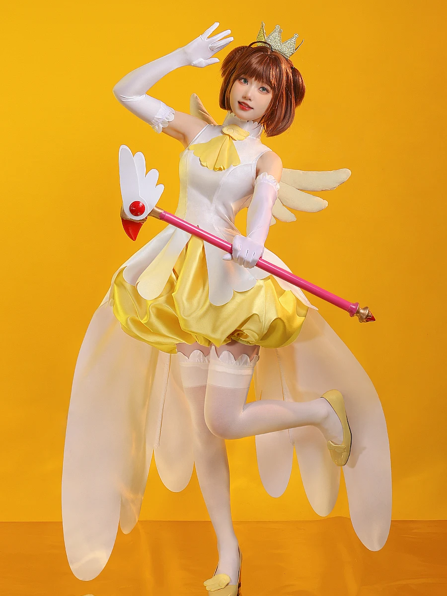 Kinomoto Sakura Cosplay Costume Anime Card Captor Cos Anime Yellow And White Combat Suit High Quality Women Clothing Sizes S-L